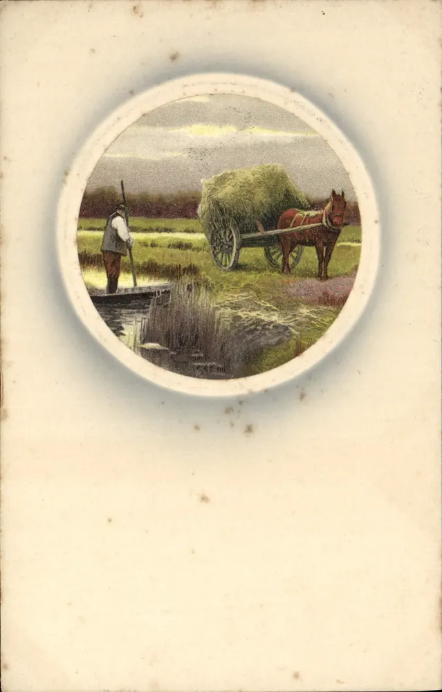 Cena de campo — homem com cajado perto de um canal e carruagem puxada por cavalo carregada — Meissner & Buch Leipzig, série 1527 - Frente
