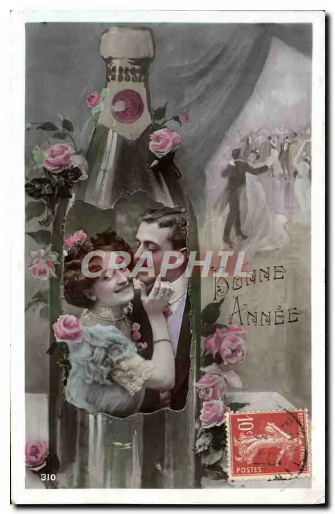 Liebendes Paar, das aus einer Champagnerflasche hervorkommt — Frohes Neues Jahr — Verlag nicht sichtbar, Nr. 310 - Vorderseite