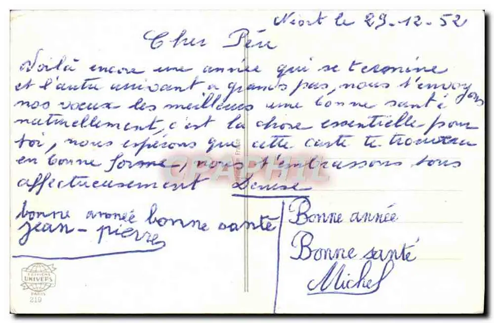 Schneeviertel — Winterlandschaft mit beleuchteter Fenster und Aufschrift 'Bonne et Heureuse Année' — Verlag nicht sichtbar - Rückseite