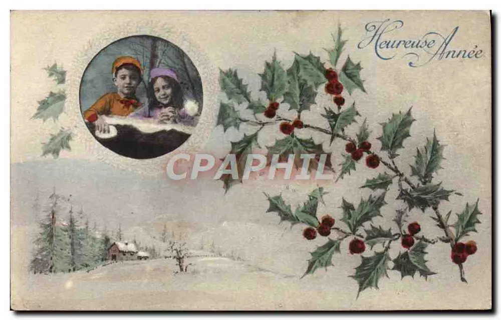 Kinder in einem winterlichen Landschaftsbild — 'Frohes Neues Jahr' — Verlag Brocherieux, Paris, Nr. 442 - Vorderseite