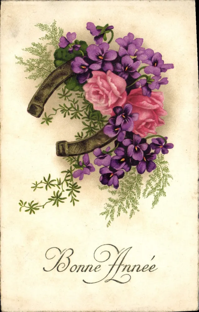 Arranjo de violetas e rosas com ferro de cavalo — Boa Ano — editor desconhecido, número de série não visível - Frente