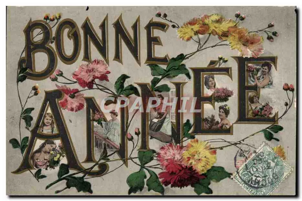 Gutes Neues Jahr — mit Blumen und Porträts dekoriert — Héliotypie Dugas et Cie, Nantes - Vorderseite