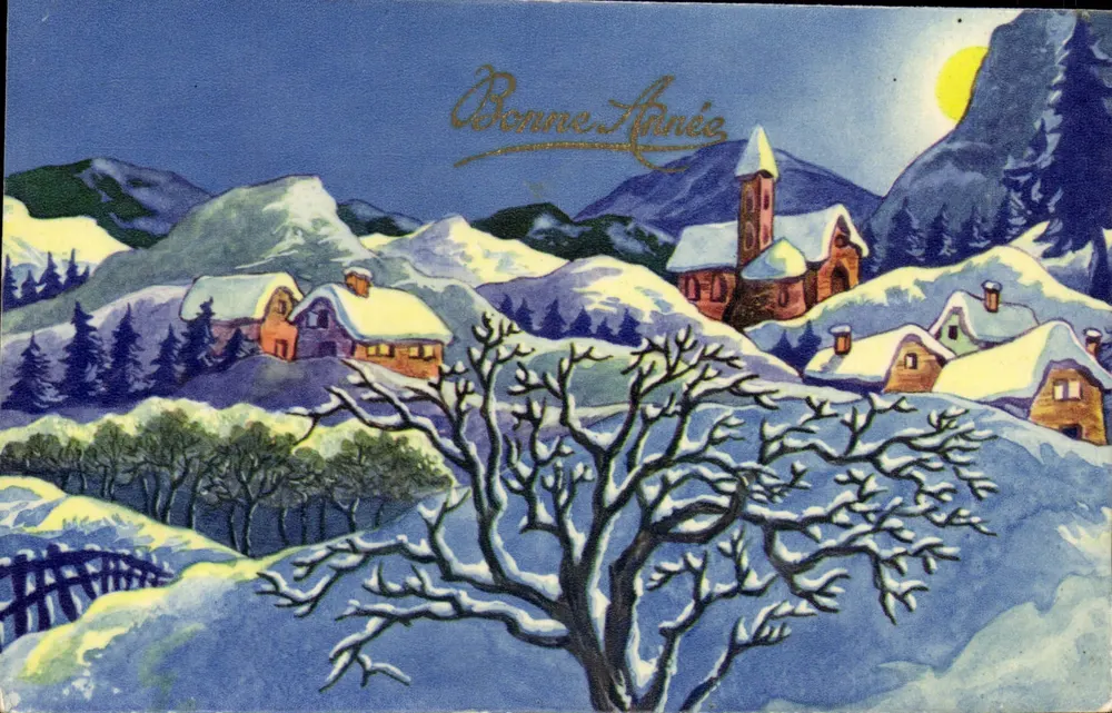 Schneeviertel — Winterlandschaft mit Kirche — 'Guten Jahresbeginn' — Verlag nicht sichtbar - Vorderseite