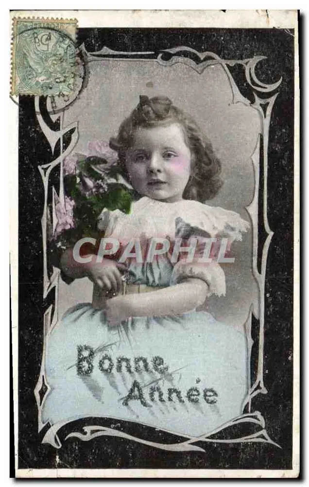 Fille tenant un bouquet — Bonne Année — éditeur anonyme - Frente