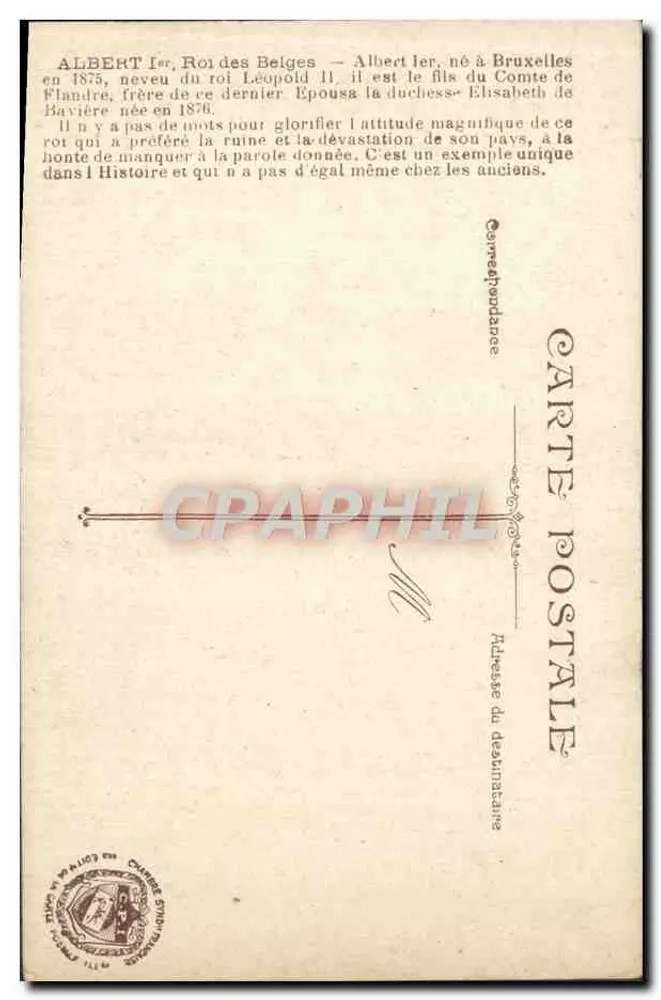 Albert I — Rei dos Belgas — Editor L.V.C. n° 0.4 - Verso