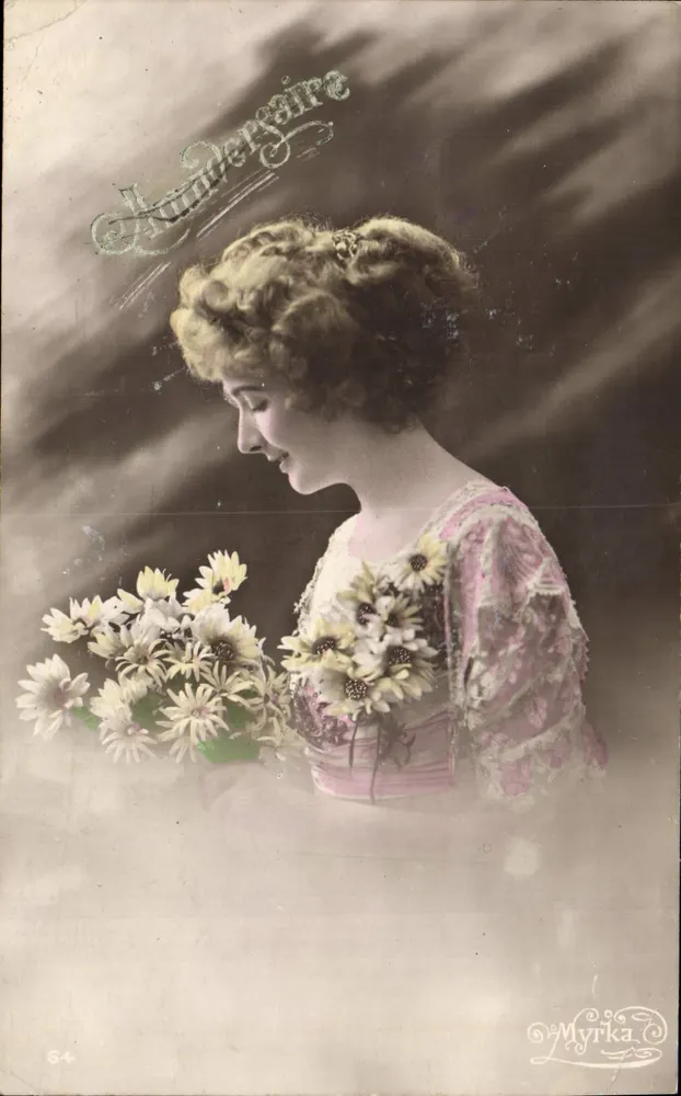 Junge Frau, die einen Blumenstrauß hält — Verlag Myrka, Nr. 64 - Vorderseite