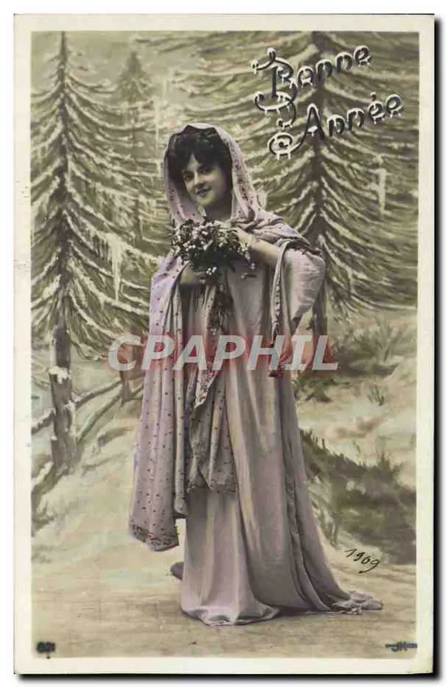 Frau in Kleid und Schleier in einem Winterlandschaft — Frohe Neujahr 1909 — unbekannter Verlag, Nr. 601 - Vorderseite