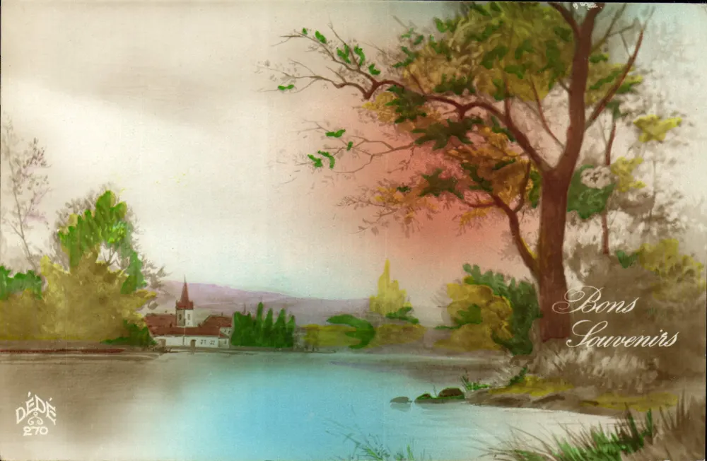 Lago e chiesa — paesaggio autunnale — DÉDÉ 270 - Recto