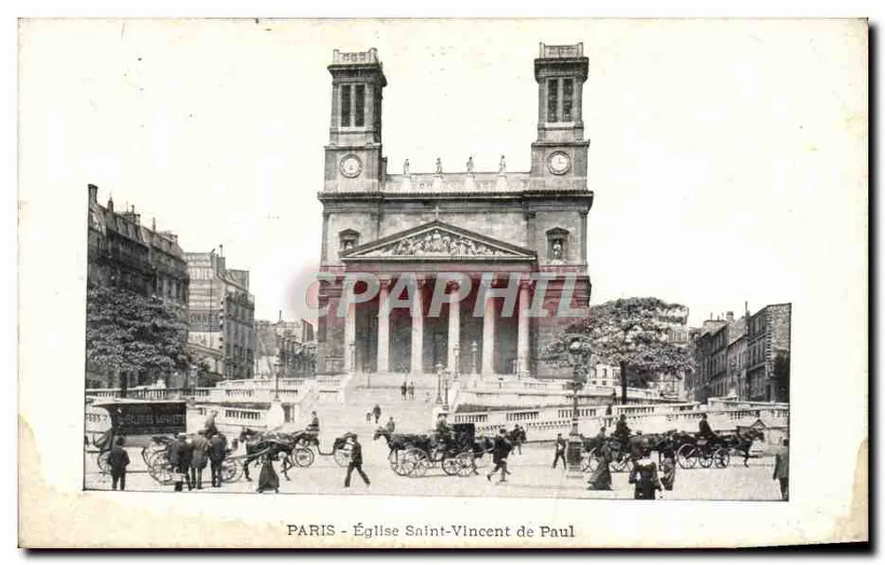 Paris - Kirche Saint-Vincent de Paul — Ansicht des Gebäudes mit Kutschen — unbekannter Verlag - Vorderseite
