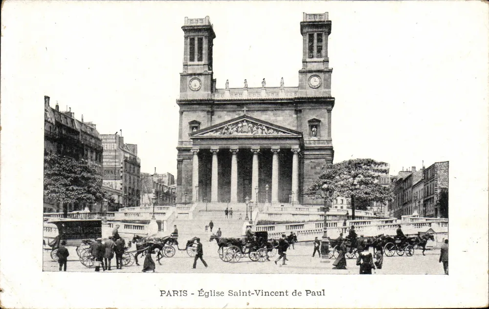 Paris - Kirche Saint-Vincent de Paul — Blick auf das Gebäude mit Kutschen und Fußgängern — Verlag ONNE - Vorderseite