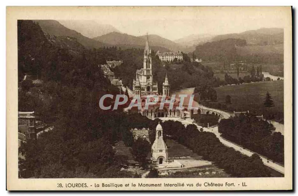 Lourdes - Die Basilika und das Interalliierte Denkmal vom Festungsschloss aus gesehen - LL, n°28 - Vorderseite