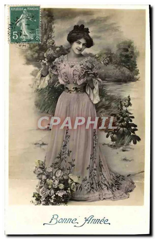 Frau in blühender Robe — Frohes Neues Jahr — Verlag 'Sirius' Nr. 639 - Vorderseite