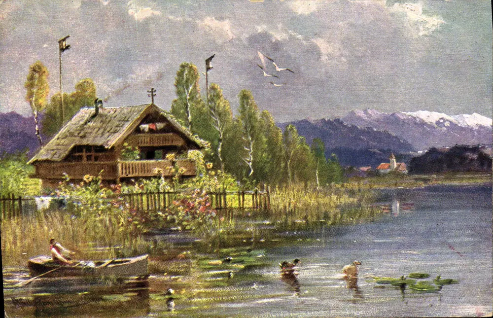 Landschaft mit See und Hütte — Deutschland — Verlag unbekannt - Vorderseite