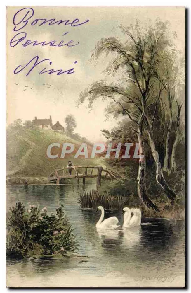 Dois cisnes em um lago — paisagem com ponte e casa — J.W. Hayey - Frente