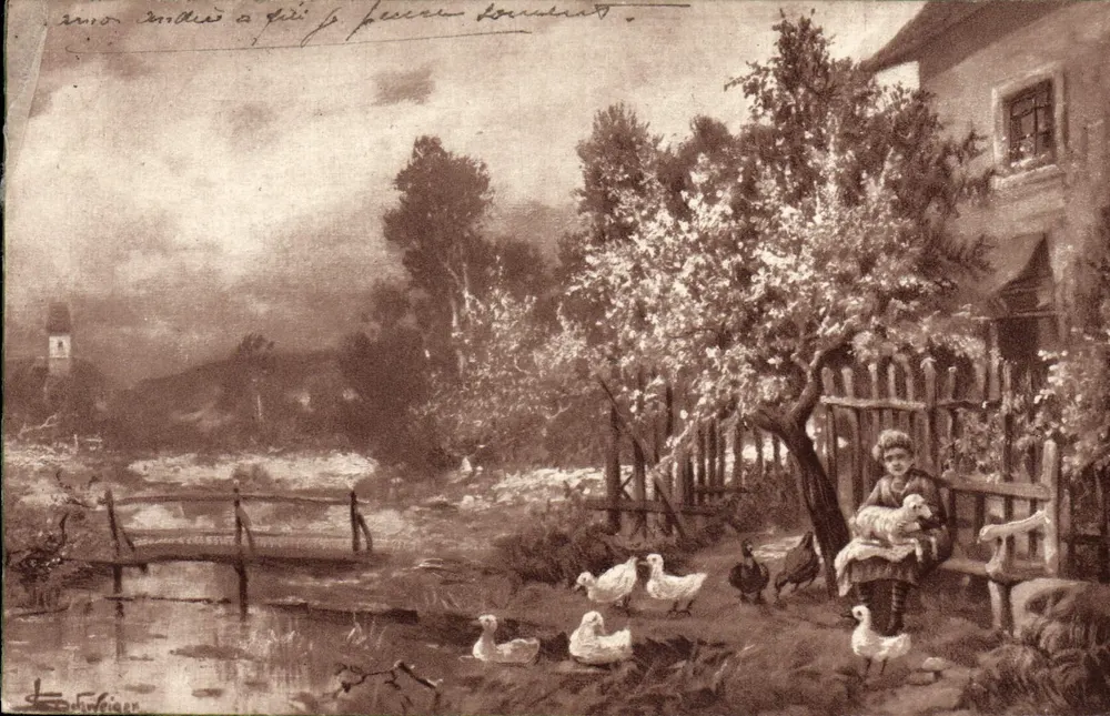 Frau mit Lamm und Enten — Landschaftsszene — W.R.B. & Co, Serie 3125 - Vorderseite