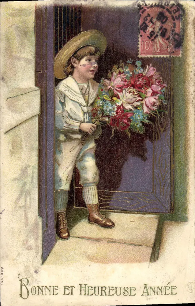 Enfant avec bouquet de fleurs — scène de porte — éditeur J. PUBLIOUTE, n° SER. 370 - Anverso
