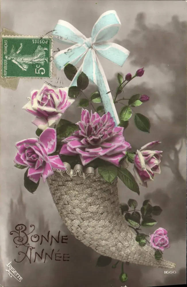 Arranjo de rosas e dahlias — Boa Ano Novo — Irisette, n° 1600 - Frente
