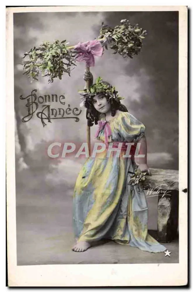 Jovem mulher em vestido colorido segurando um bastão de gui — Walery — Série VBC N° 3277 - 4° - Frente