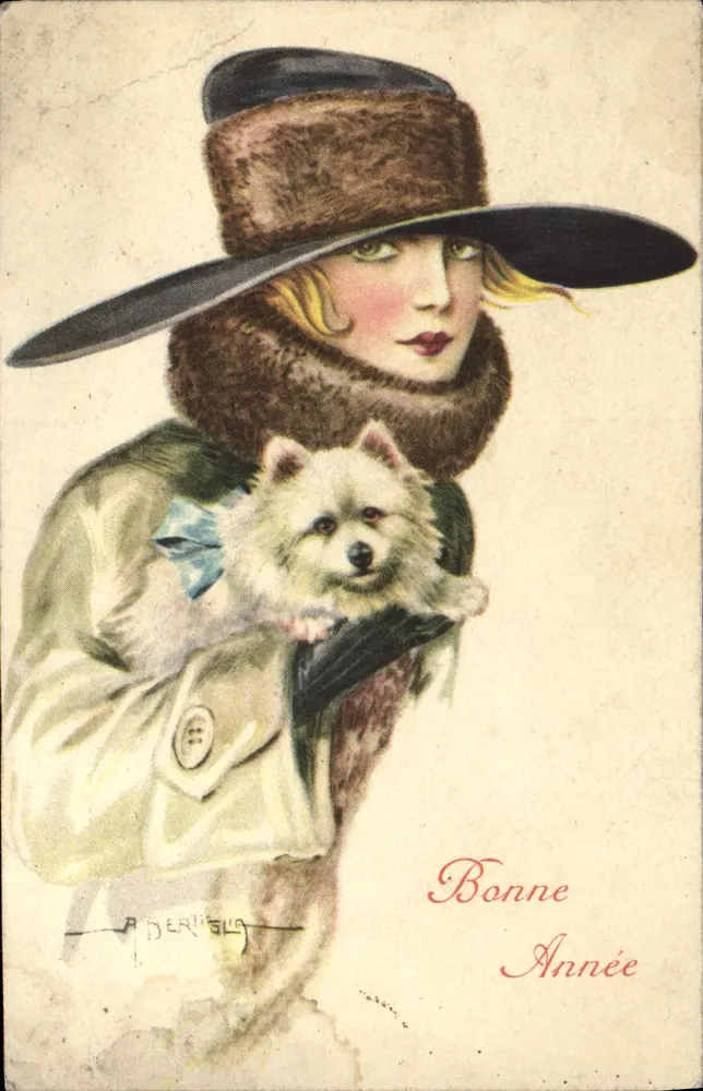 Frau in Mantel und Pelzhut — mit kleinem Hund — Verlag A. Bertella - Vorderseite