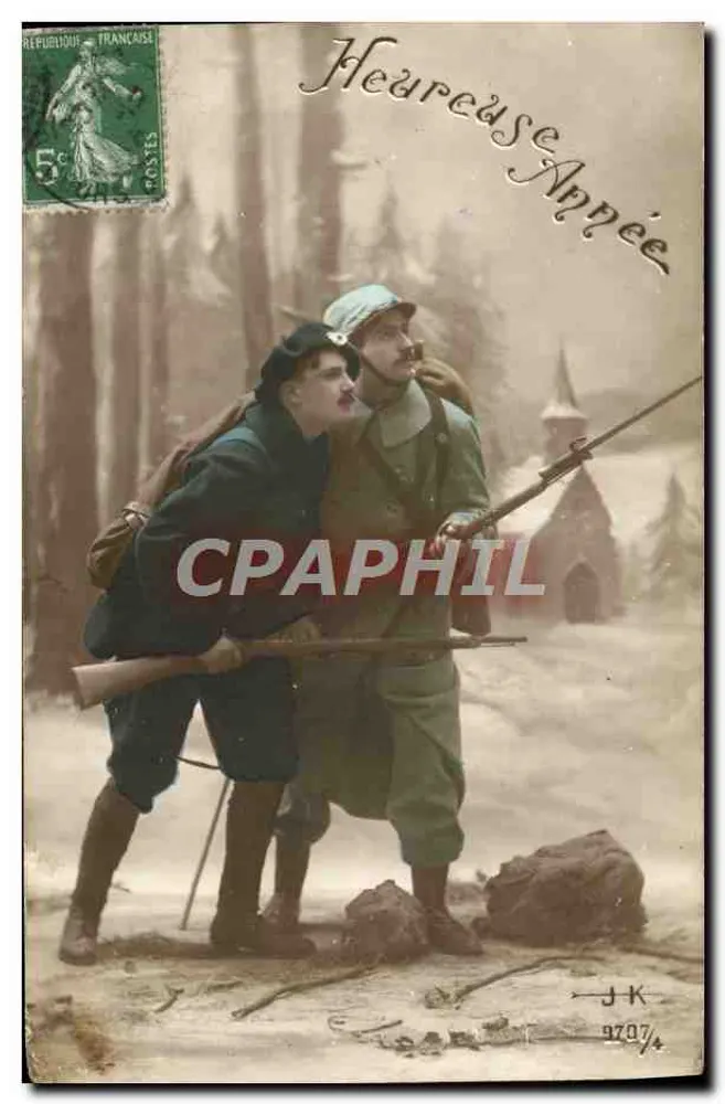 Deux soldats en forêt — scène de guerre — éditeur J.K. n° 9707/4 - Recto