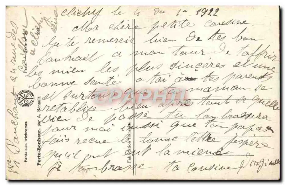 Mistral avec fleurs roses — Bonne Année — Fantaisies trichromes, par A. Renault - Verso