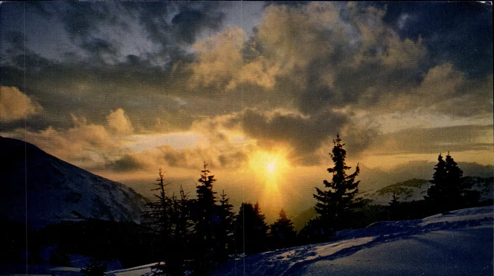 Schneelandschaft — Sonnenuntergang hinter den Tannen — Verlag Couleurs et Lumière de France, Nummer 10 00 8077 - Vorderseite