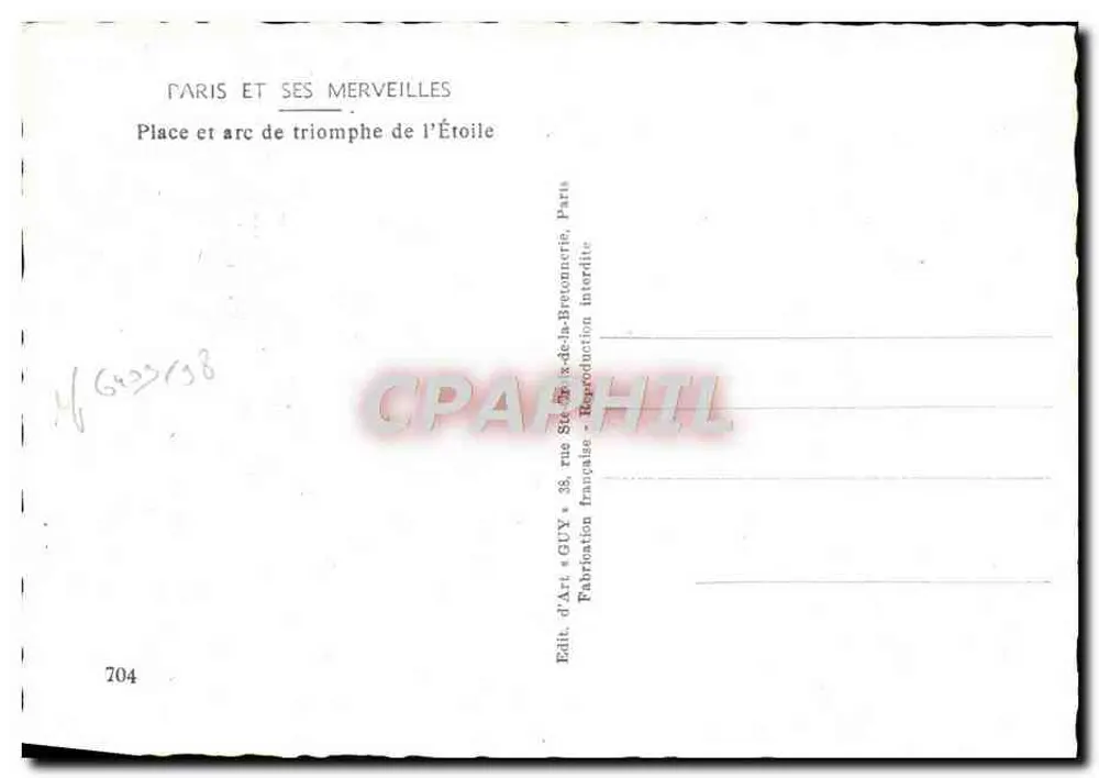 Paris — Arc de Triomphe de l'Étoile — Éditeur GUY - Verso