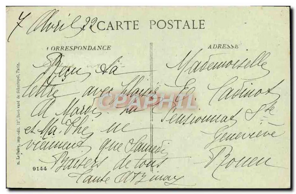 Pejzaż rzeki z nagozienymi drzewami — wydawca Le Pales, druk 15e, północny zachód od Silantepol, n° 9144 - Rewers