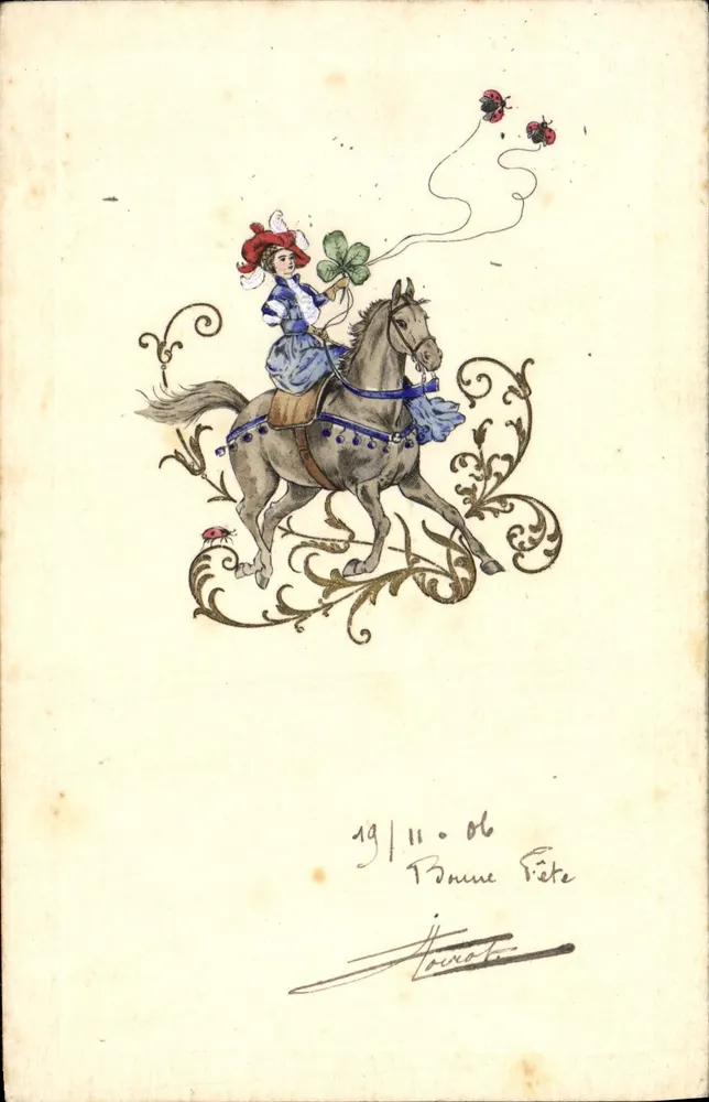 Fille à cheval — Bonne Fête — signée 'Lavate' - Recto