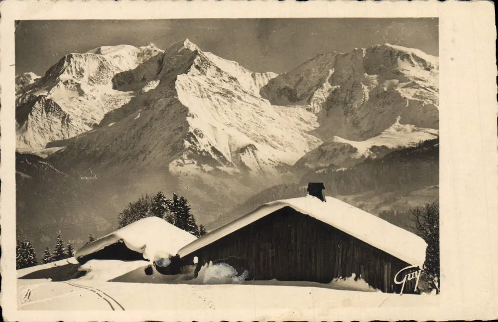 Chalet enneigé — vue de montagnes enneigées — Éditions d'Art Guy, 42, Allée des Gales, Eughien-les-Bains - Frente