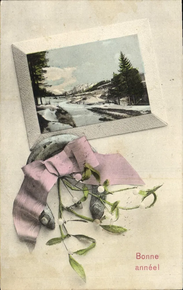 Winterlandschaft — Tannenbaumdekor und rosa Schleife — A.S. Serie 356 - Vorderseite