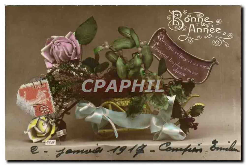 Bouquet de rosas y hojas — Feliz Año 1918 — editor desconocido, número de serie no visible - Anverso