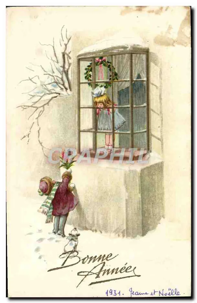 Criança olhando pela janela — cena invernal — Jeanne e Noëlle, 1931 - Frente