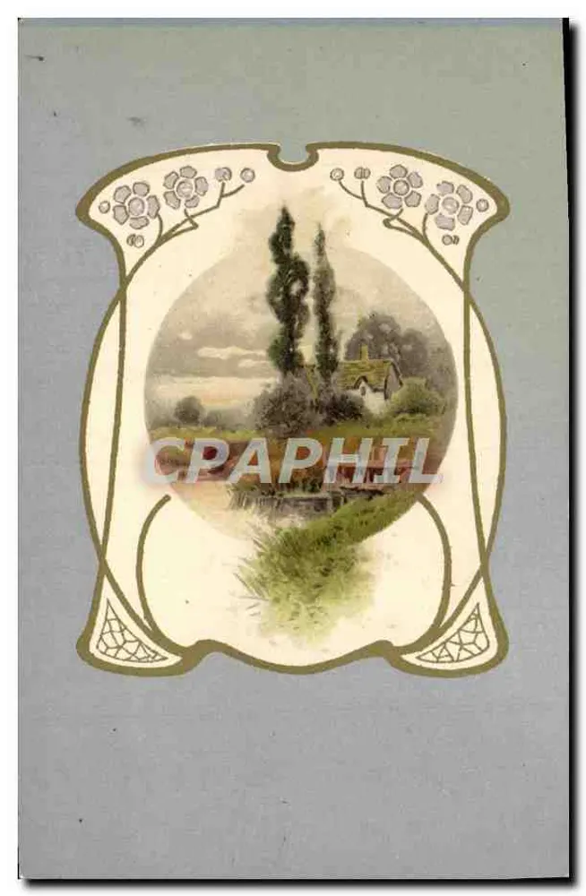 Landschaft mit Haus — Art Nouveau-Rahmen — Verlag nicht sichtbar - Vorderseite