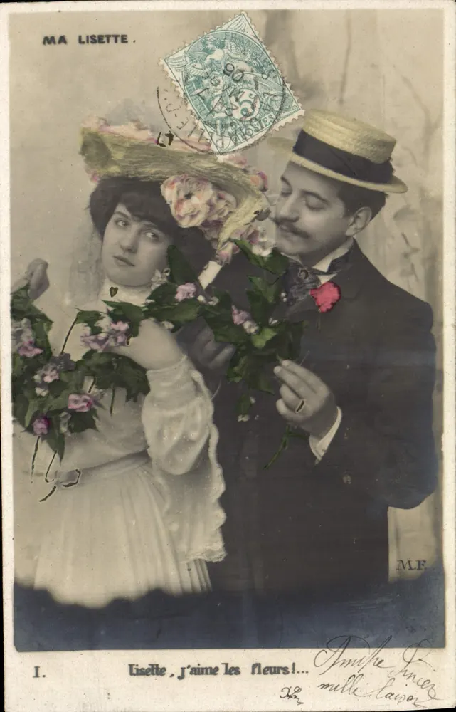 Meine Lisette — Thema: junges Paar mit Blumenstrauß — Verlag M.F. Nr. I - Vorderseite