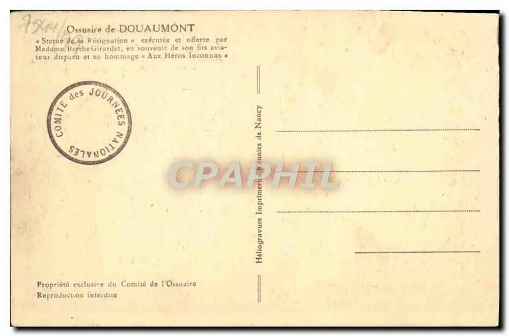 Statue der Resignation — Ossuar von Douaumont — Verlag: Komitee der Nationalfeiertage von Nancy - Rückseite