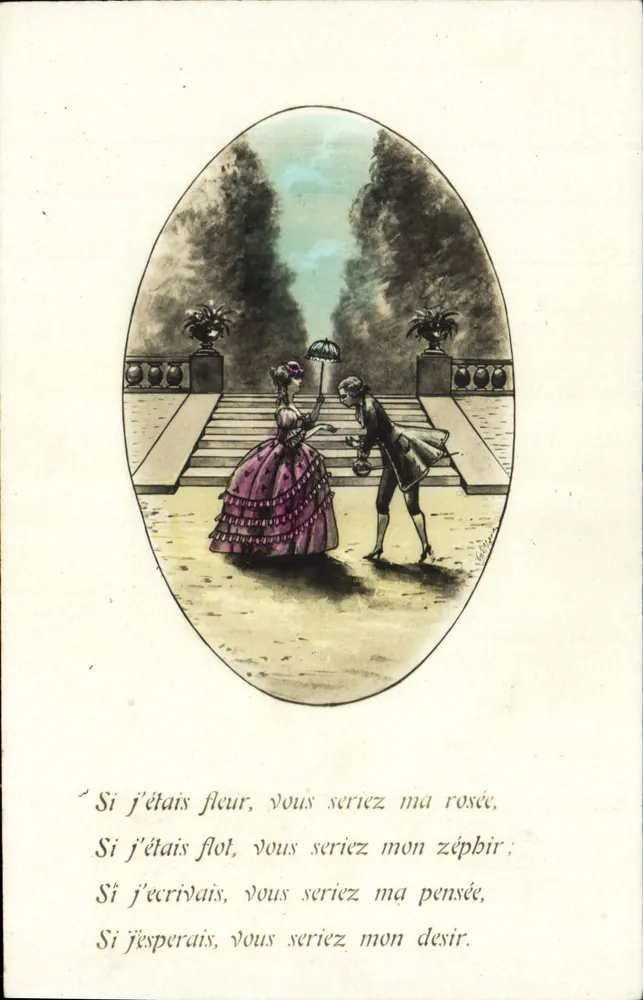 Junge Frau in rosa Kleid und Mann in historischem Anzug — romantische Szene — Verlag Douine, n° 155 - Vorderseite