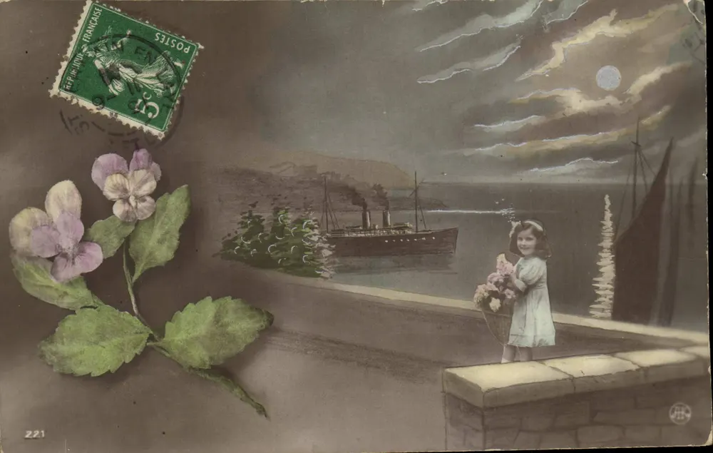 Menina pequena com buquê — cena portuária noturna — J.H. editor, n°221 - Frente