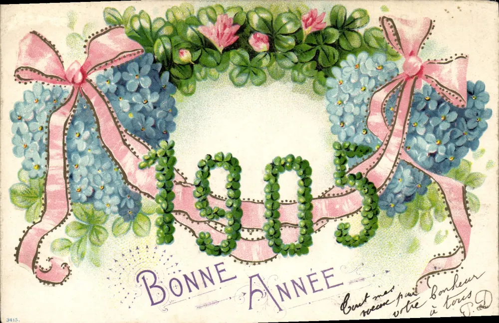 Gutes Neues Jahr 1905 — Blumendekor mit rosa Bändern — anonymer Verlag, n° 3415 - Vorderseite