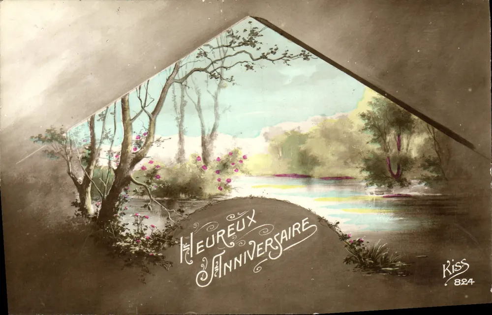 Glückliches Geburtstag — Flusslandschaft mit Bäumen und Blumen — Kiss 824 - Vorderseite