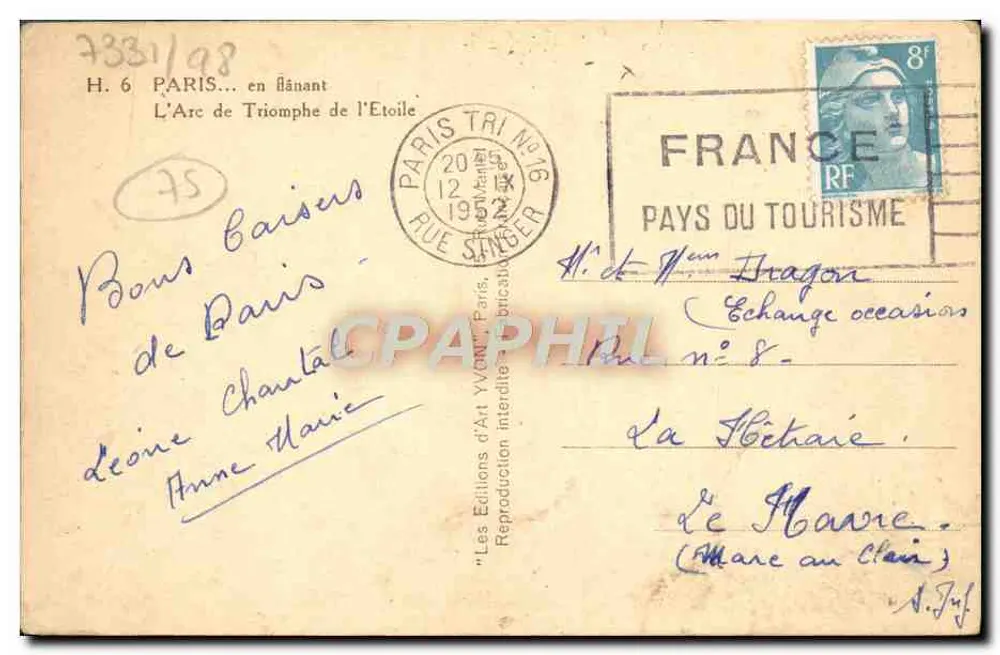 Arc de Triomphe — vue de la place Charles de Gaulle — Éditions d'Art Yvon, Paris - Verso