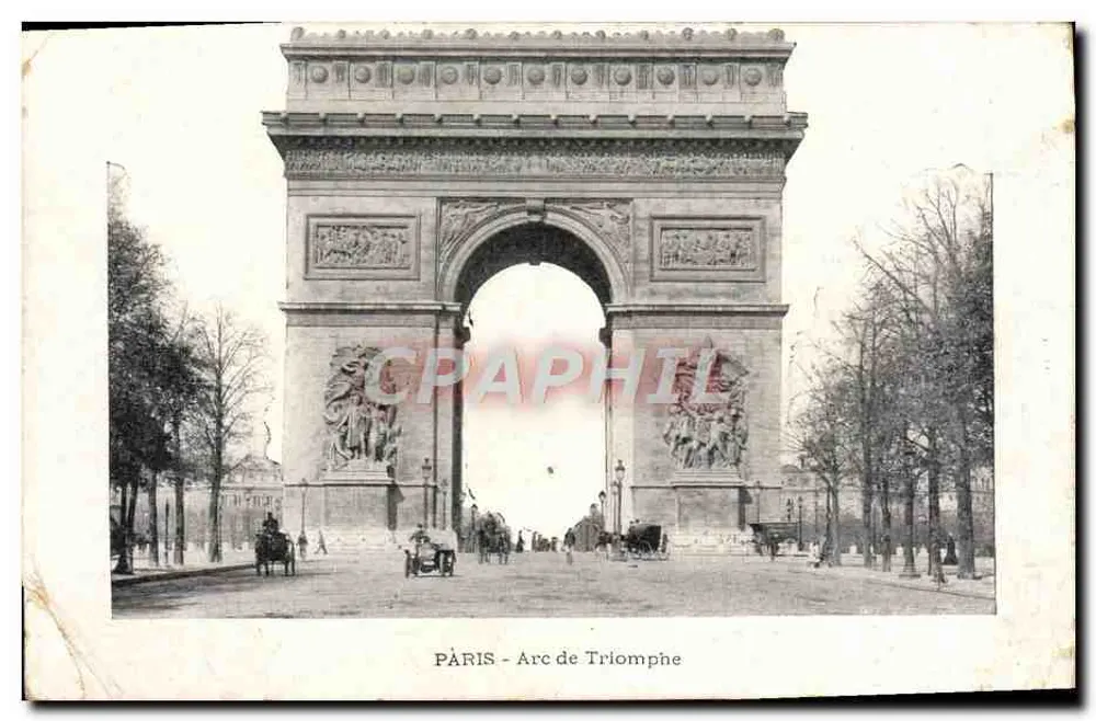 Paris - Arc de Triomphe — vue frontale avec véhicules et sculptures, éditeur P. L. B. n° 103 - Frente