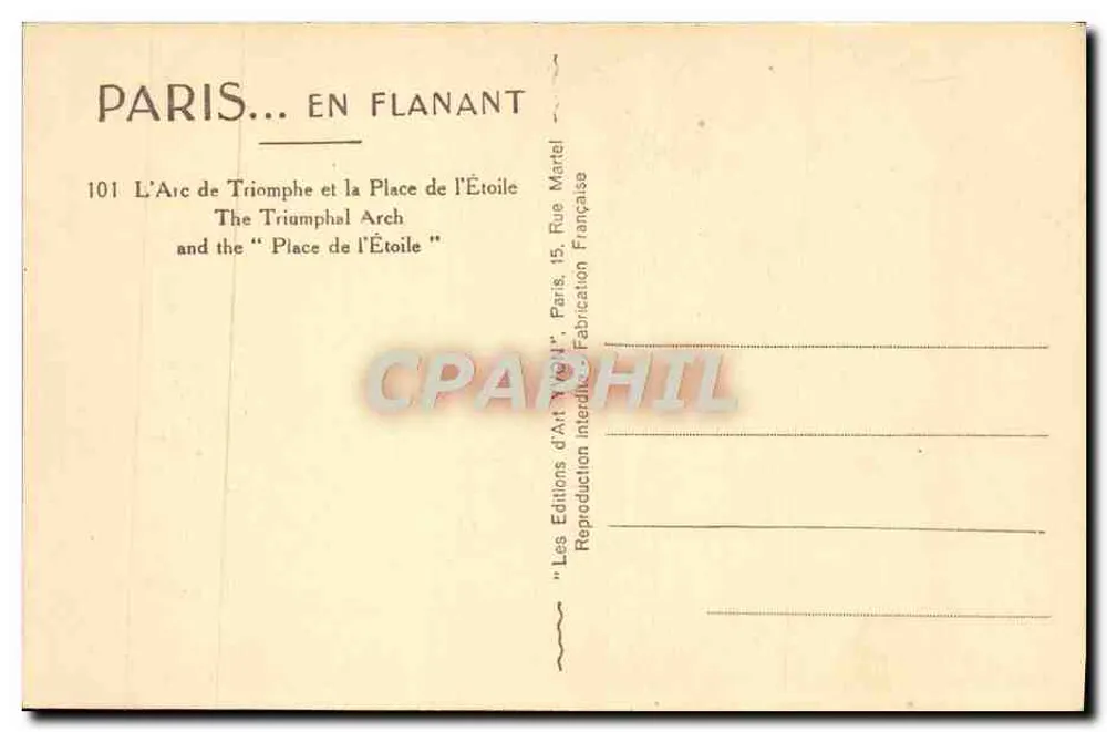 Paris — Arc de Triomphe et Place de l'Étoile — Les Éditions d'Art 'YVON' Paris - Verso
