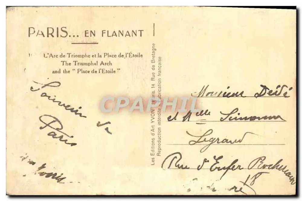 Arc de Triomphe — Place de l'Étoile — Éditions d'Art YVON, Paris - Rückseite