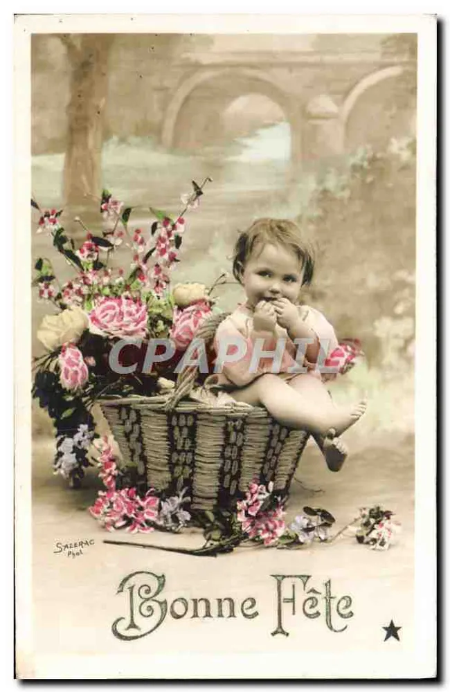 Bom Aniversário — Criança em um cesto de flores — Sazerac Pyol - Frente