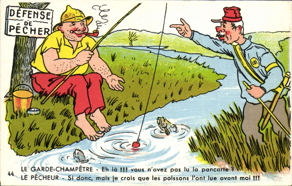 Pescador ignorado pelo guarda-florestal — cena humorística — editor não identificado, n° 44 - Frente