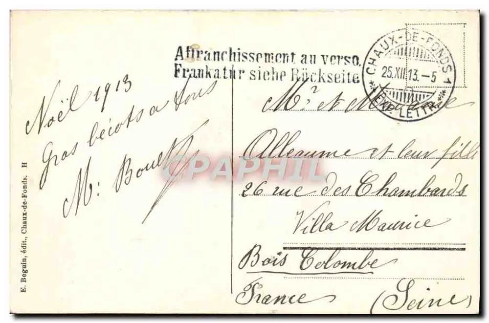 Das Chalet im Winter - La Chaux-de-Fonds — E. Beguin, Verlag, La Chaux-de-Fonds - Rückseite