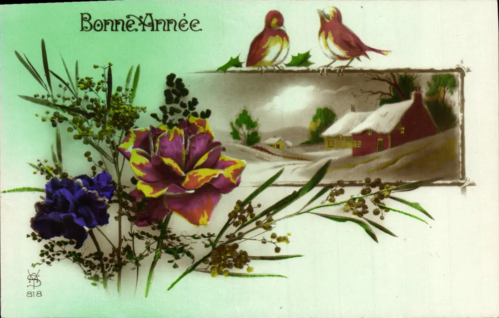 Frohe Neujahr — Blumendekoration und Winterlandschaft — Verlag S.S. n°818 - Vorderseite