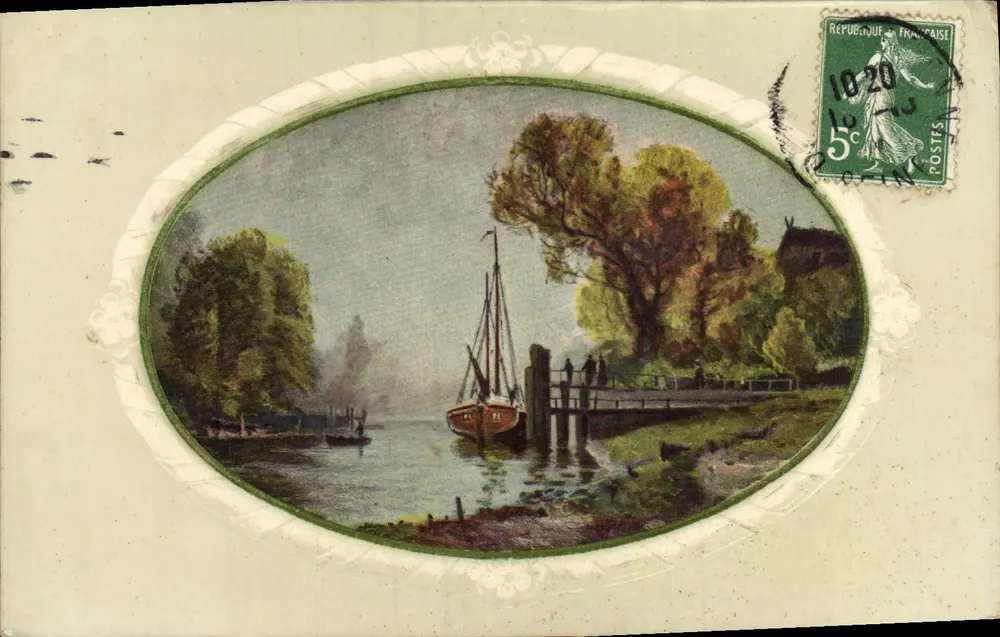 Vue de paisagem fluvial — barco a vela e vapor — editor não identificado - Frente