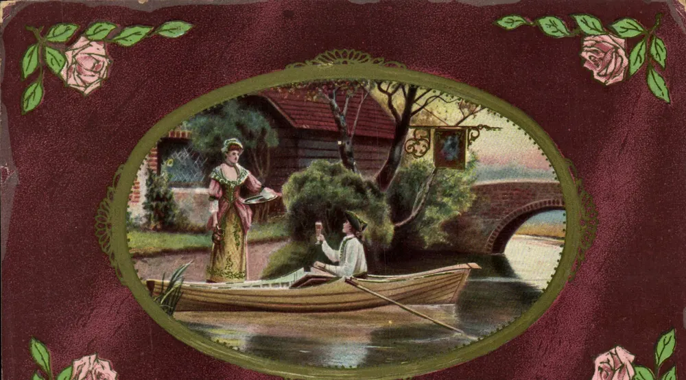 Flusslandschaft — Mann in Boot und Frau am Ufer — Verlag unbekannt, Serie 836 - Vorderseite